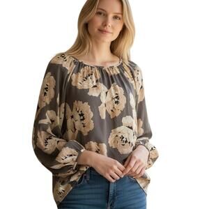 LOFT Floral Blouse Womens Size Large Tall Gray Peach Long Sleeve Career Top